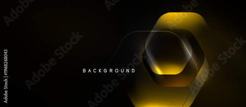 Dark background features layered golden hexagons. Minimalist design with subtle glow effects, modern aesthetic. Simple text label present.