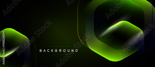 Dark background features glowing green hexagonal shapes. Modern design with gradient effects, suitable for digital presentation.