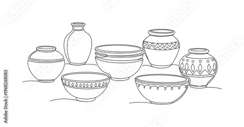 Decorative Vessels. Minimalistic one-line drawing bowls and ceramic pots displayed decoratively, continuous single black line on white background, simple