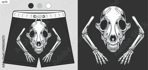 Streetwear shorts mockup with dog skull graphic, animal skeleton pattern, hand drawn illustration for fashion textile, beachwear clothing design and print ready artwork