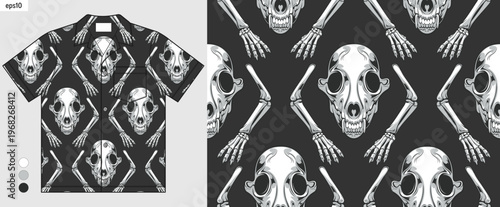 Dog skull shirt mockup with animal skeleton pattern, hand drawn detailed illustration, fashion textile design, streetwear clothing and print ready apparel
