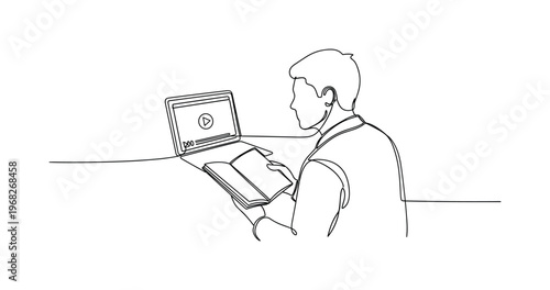 Student Learning. Minimalistic one-line drawing person with notebook following along with video lecture, continuous single black line on white background,