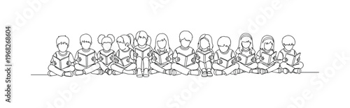 Education Equality. Minimalistic one-line drawing group of children of different backgrounds sitting together with books, continuous single black line on white