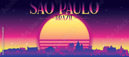 Purple generic retro futuristic synthwave panoramic poster of the city skyline with misty background sunset buildings of SAO PAULO, BRAZIL