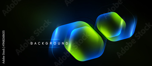 Dark background features glowing hexagonal shapes. Blue, green hues create vibrant visual effect. Modern design element.