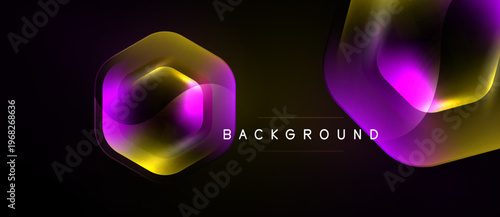 Abstract neon shapes overlap dark background. Vibrant colors create dynamic visual effect. Modern design element for presentations.