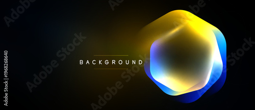 Abstract hexagon shape glows, vibrant colors blend. Dark background emphasizes luminosity, modern design element.