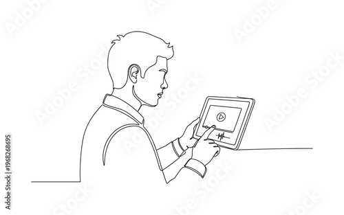Interactive Video Class. Minimalistic one-line drawing student engaging with video lecture on tablet, continuous single black line on white background, simple