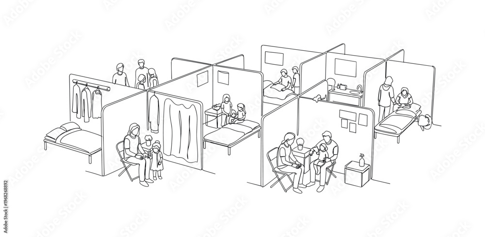Fototapeta premium Emergency Housing. Minimalistic one-line drawing families inside temporary center, continuous single black line on white background, simple outline style, no