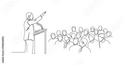 Civil Rights Leaders. Minimalistic one-line drawing person giving speech to gathered crowd, continuous single black line on white background, simple outline