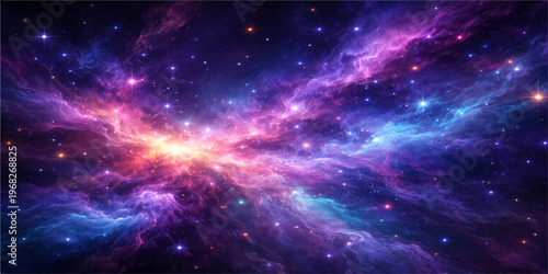 A deep space nebula glows with bright blue light across a dark cosmos of distant stars and abstract galaxies in this outer universe illustration