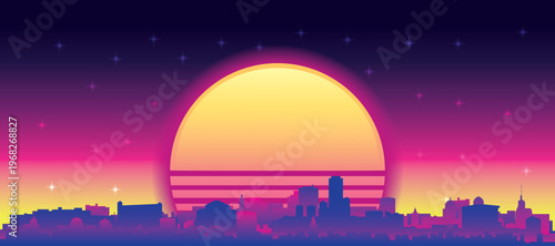 Purple generic retro futuristic synthwave panoramic poster of the city skyline with misty background sunset buildings of RIO DE JANEIRO, BRAZIL