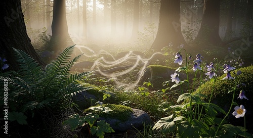 Sunlit Forest Scene with Spiderwebs and Lush Vegetation.