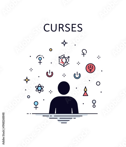 Curses supernatural hex scene where floating mystical symbols surround a shadowy figure while tiny sparkle and line icons highlight enchantment, power, and