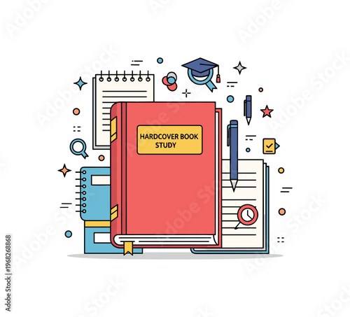 Hardcover book study corner concept where a hardcover textbook is surrounded by notes and stationery while tiny sparkle and star icons highlight focus,