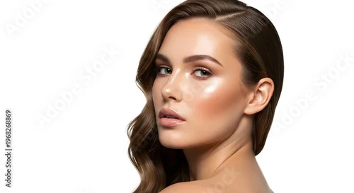 Obraz Beautiful Woman with Glowing Skin and Makeup on White Background