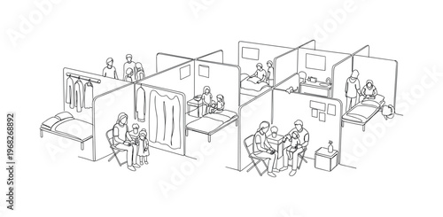 Emergency Housing. Minimalistic one-line drawing families inside temporary center, continuous single black line on white background, simple outline style, no