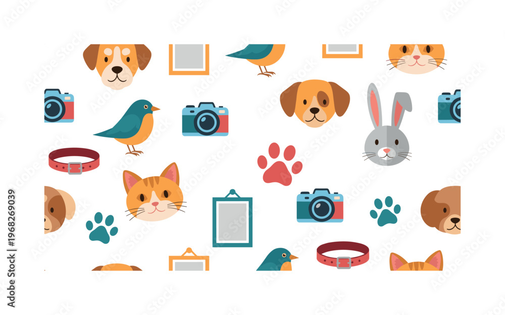 Fototapeta premium animal portrait icons seamless pattern, repeating pattern, surface design, textile print, modern illustration of dogs, cats, rabbits, birds, cameras, photo