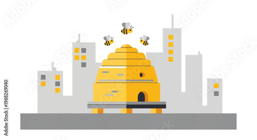 Beehive with bees flying around it.