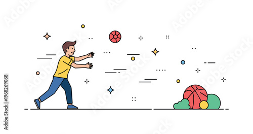 Throwing a ball outdoor play scene where a person throws a brightly colored ball across a park while small sparkle and line icons emphasize motion, energy, and