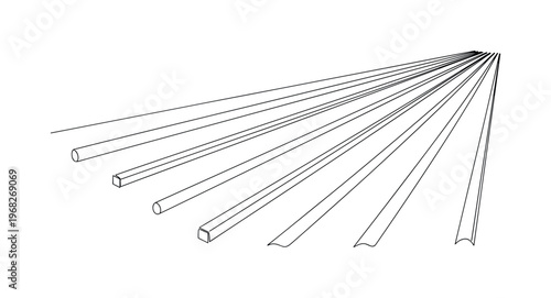 Metal Rods. Minimalistic one-line drawing parallel metal rods with slight perspective, continuous single black line on white background, simple outline style,