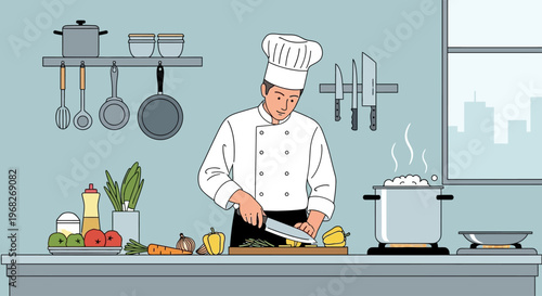 Chef cooking in kitchen with knife.