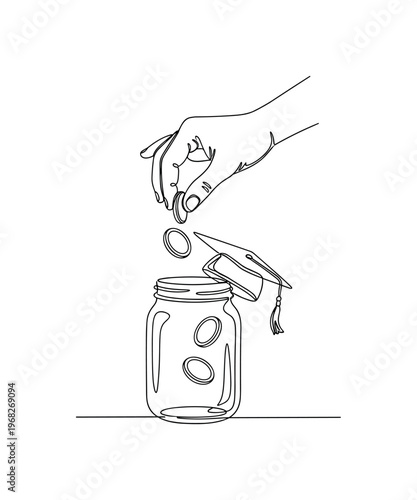 Educational Fundraising. Minimalistic one-line drawing hand dropping coins into jar with small graduation cap, continuous single black line on white