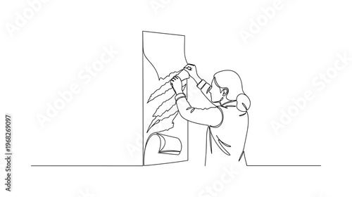 Peeling Wallpaper. Minimalistic one-line drawing individual pulling wallpaper off wall in strips, continuous single black line on white background, simple