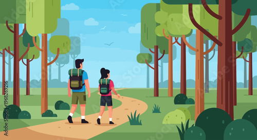 Couple walking on forest trail together.