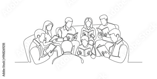 Community Book Club. Minimalistic one-line drawing people seated with open books in a cozy space, continuous single black line on white background, simple