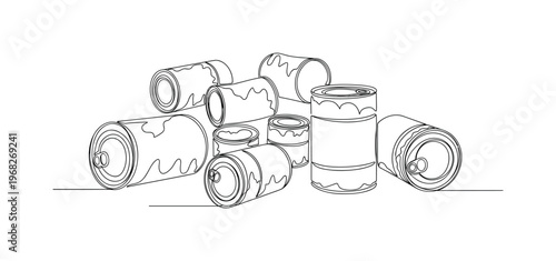Discarded Metal Waste. Minimalistic one-line drawing rusty cans lying randomly, continuous single black line on white background, simple outline style, no