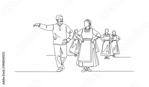 Folk Dance Class. Minimalistic one-line drawing elderly instructors showing traditional dance steps in open area, continuous single black line on white