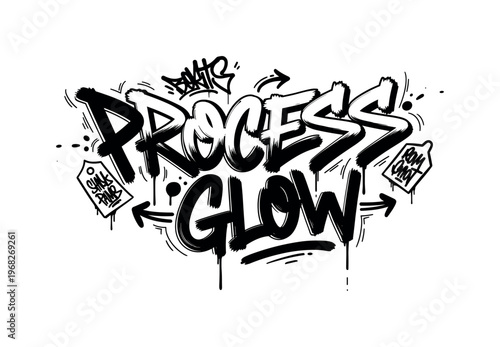 Process Glow. lettering and all elements in black. Vector style. AWhite background. Pure white background. Perfect isolation and visual consistency. Dynamic