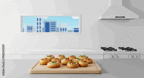 Delicious mini pizzas on wooden board.