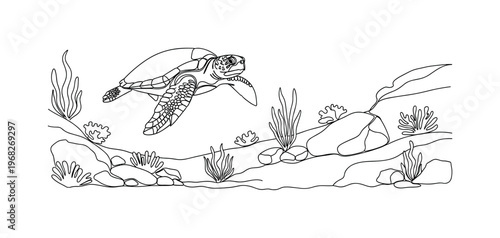 Ocean Habitat. Minimalistic one-line drawing sea turtle navigating underwater rocks and plants, continuous single black line on white background, simple