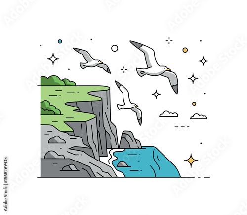 Seagulls flying over cliffs scene where birds soar above rocky coastline while tiny sparkle and line icons highlight movement, freedom, and natural scenery.