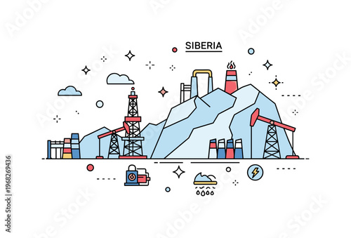 Siberia oil and gas industry concept where rigs operate in frozen landscapes while small sparkle and line icons emphasize energy production, infrastructure,