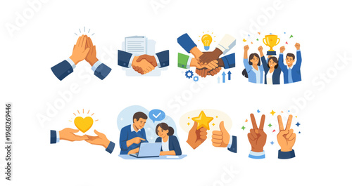 Business teamwork and appreciation icon set. handshake, applause, trophy, high five, heart, star, thumbs up, victory sign, mentoring, rating, support. line, flat and colored vector icon set.