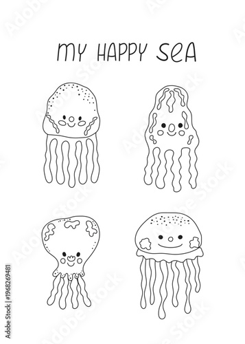Playful sea coloring page featuring four happy cartoon jellyfish in black line art. Ideal for children educational activities, marine life lessons and ocean themes.