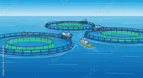 Fish farm circular enclosures ocean.