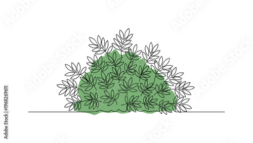 Leafy Green Shrub. Minimalistic one-line drawing bush with leaves fanning outward, continuous single black line on white background, simple outline style, no