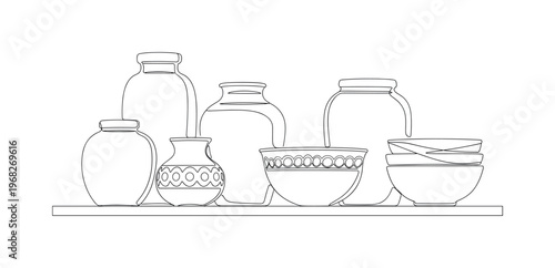 Ceramic Home Decor. Minimalistic one-line drawing ceramic pots and decorative bowls on shelf, continuous single black line on white background, simple outline