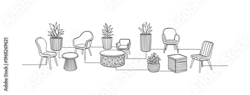 Sustainable Interior Design. Minimalistic one-line drawing eco-friendly chairs, tables, and planters made from natural materials, continuous single black line