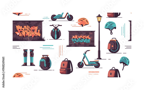 e-unicycle ride icons seamless pattern, repeating pattern, surface design, textile print, modern illustration of urban electric unicycle gangs, helmets, knee
