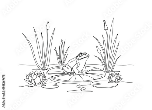 Water Garden Frog. Minimalistic one-line drawing frog sitting on floating pad surrounded by pond plants, continuous single black line on white background,