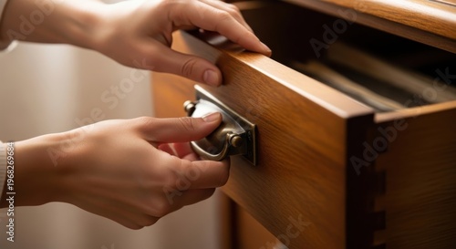 Opening a drawer in a wooden furniture piece, a close-up shot of hands reaching into the drawer of a wooden desk, exploring the contents