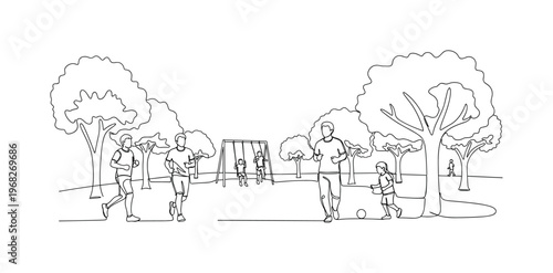 Recreational Park. Minimalistic one-line drawing people jogging, kids playing, and trees surrounding open area, continuous single black line on white