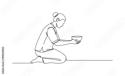 Ceremonial Practice. Minimalistic one-line drawing person kneeling with offerings during ancient ritual, continuous single black line on white background,