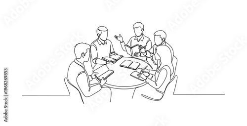 Literary Circle. Minimalistic one-line drawing people sharing books and taking notes in discussion, continuous single black line on white background, simple