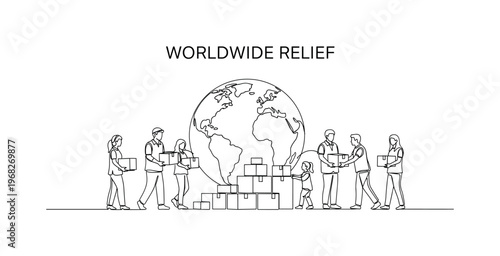 Worldwide Relief. Minimalistic one-line drawing volunteers and boxes arranged around globe, continuous single black line on white background, simple outline